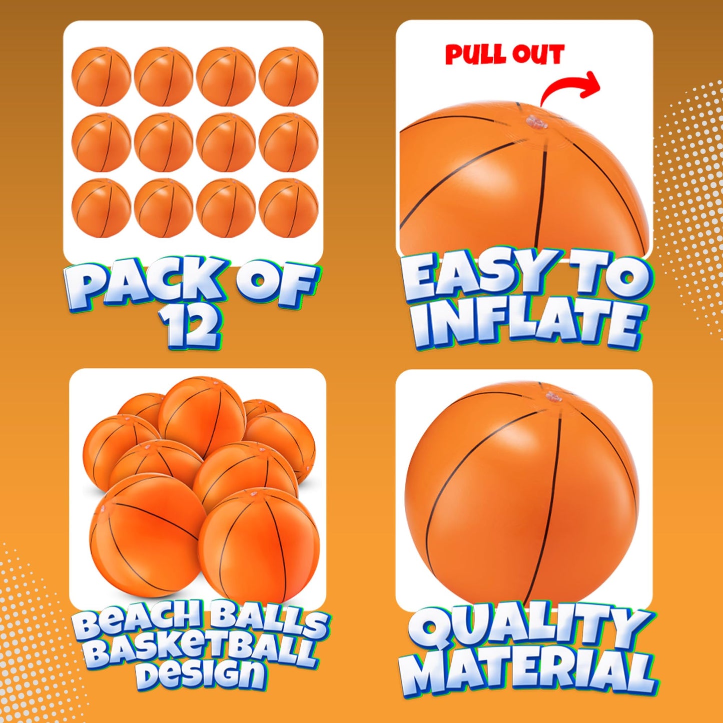 Inflatable Basketballs (Pack of 12) 16-inch Beach Balls for Pool Beach Toys & Basketball Party Favors for Kids Sports Themed Birthday Party Decorations, Outdoor Backyard Summer Pool Games Supplies