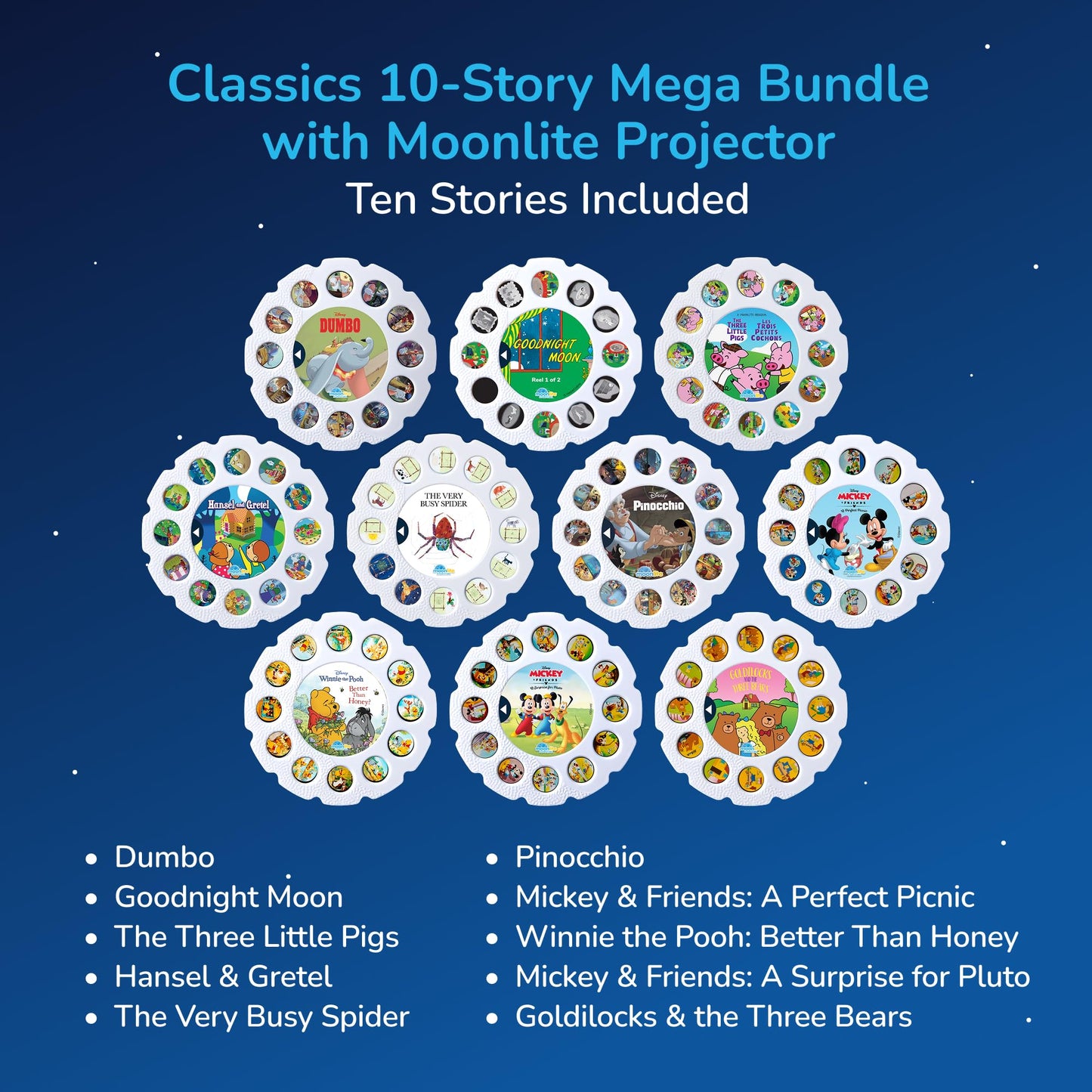 Moonlite Classics 10-Story Mega Bundle with the Moonlite Projector & 10 Single Stories Including World of Eric Carle, Disney, Fairy Tales & Children's Timeless Storybook Classics for Ages 1-6
