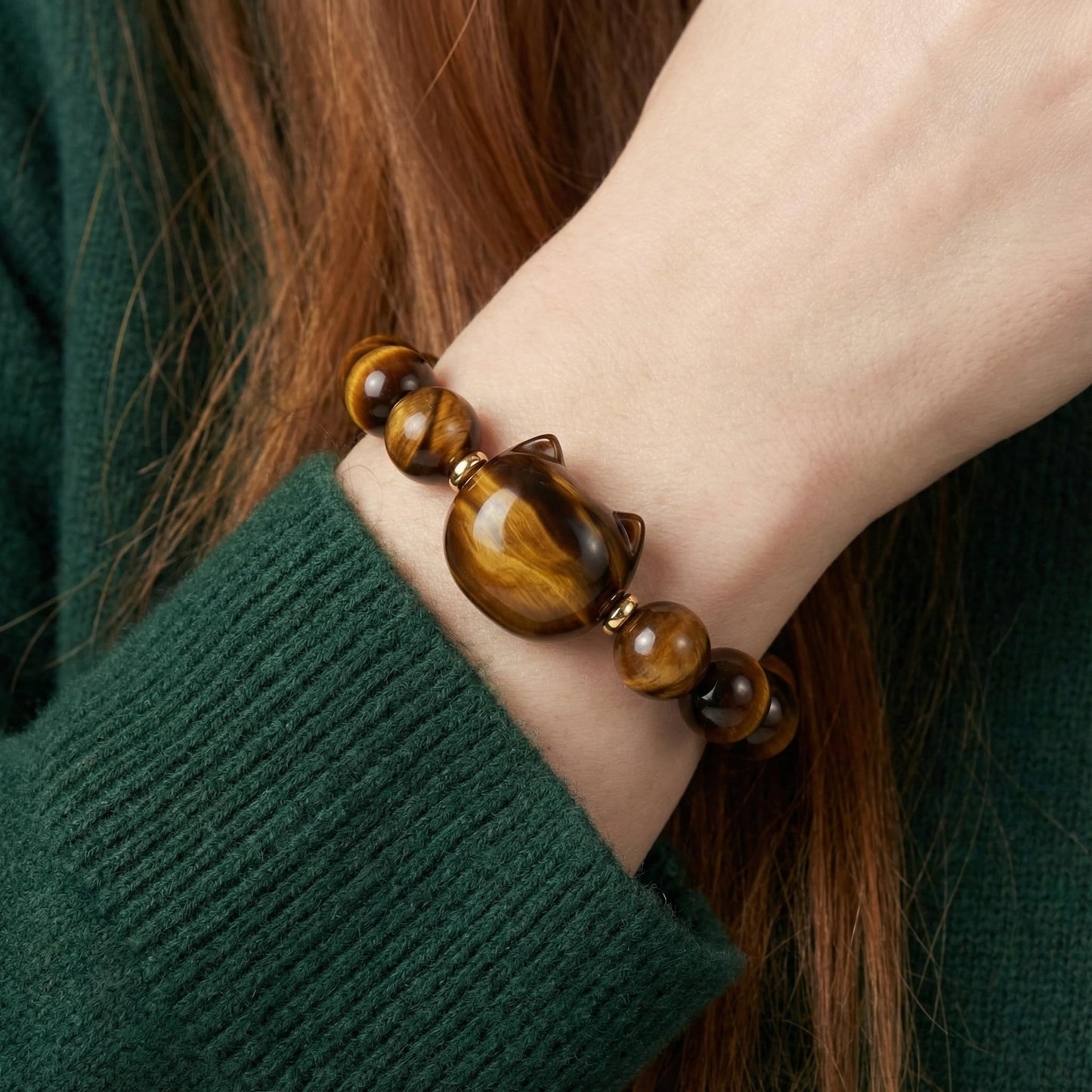14K Gold Plated Natural Gemstone Bracelet, Handmade Lucky Cat Paw Charm Bracelet with Amethyst/Tiger Eye, Adjustable Elastic Band for Bracelet, Gift for Cat Owners & Daily Wear (Tiger eye)