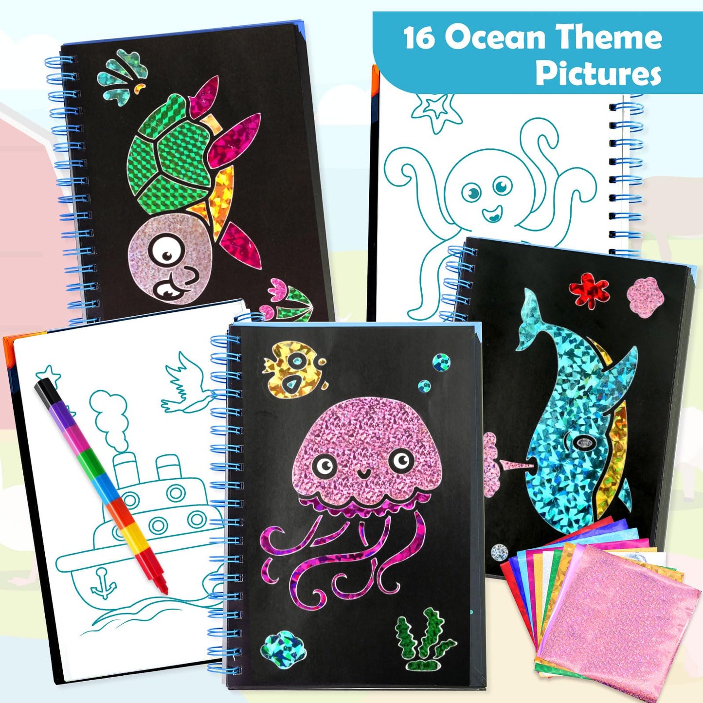 FUNNYB&G Foil Art Craft Kit for Girls 4-10 Years Old: Mess-Free & No-Glue, Create 16 Sparkly Ocean Pictures – Perfect Travel Toy & Birthday Gift for Kids (Ocean)