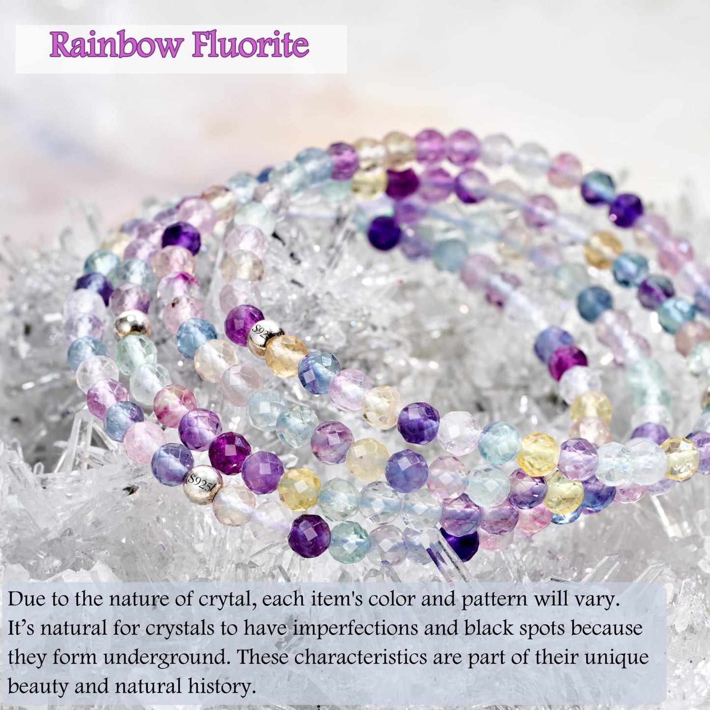 Farfume Rainbow Fluorite - Concentration - Beaded Bracelets for Women,Handmade Natural Stone 4mm Beads 925 Sterling Silver Stretch Bracelets, Chakra Crystal Gemstone Jewelry Gifts for Mom