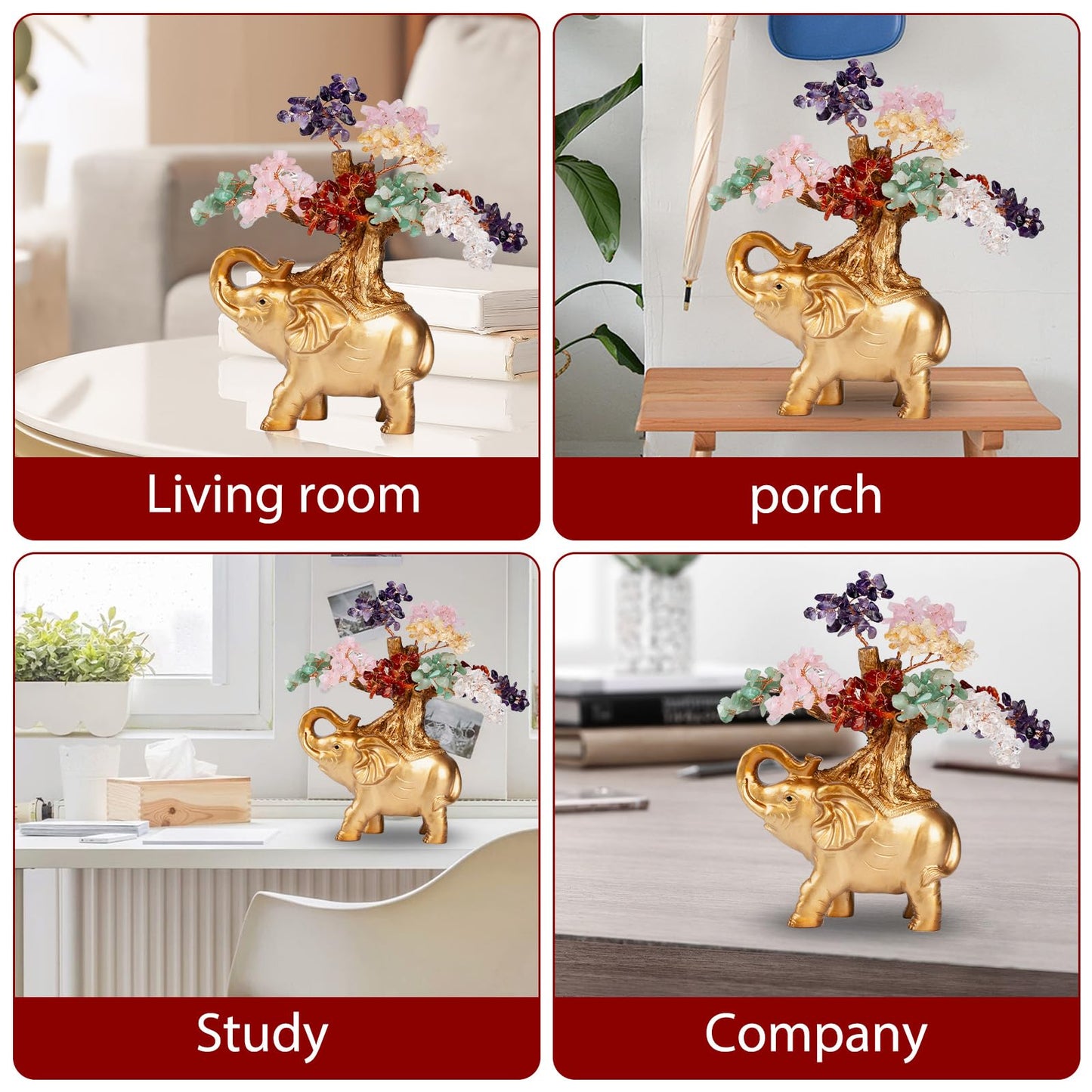 GEMBOURY 7 Chakra Crystal Money Tree on Gold Mini Elephant Statue, 10”Gemstone Bonsai Tree of Life Home Décor Gifts for Wealth Positive Energy, Feng Shui Décor