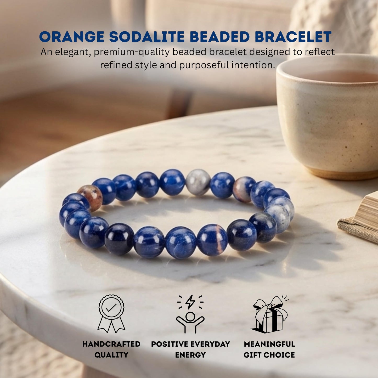 Cherry Tree Collection Orange Sodalite Beaded Bracelet – Genuine 8mm Gemstone Stretch Bracelet for Men & Women – Handmade Crystal Bracelet - (Orange Sodalite - M)