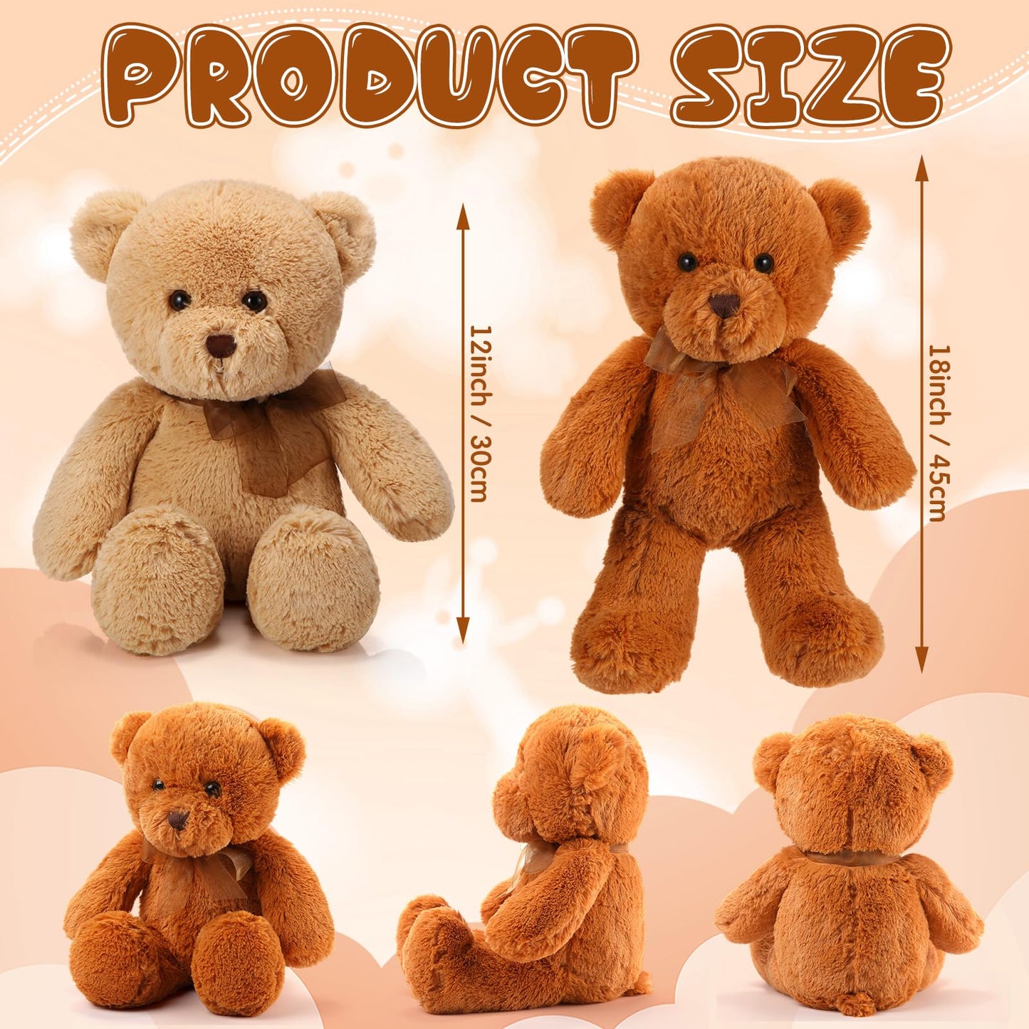 HyDren 2 Pack Bear Stuffed Animals 18 Inch Cuddly Stuffed Bear Plushies with Bow for Birthday Gifts Baby Shower Decors Valentines Party Decors(Light Brown,Brown)