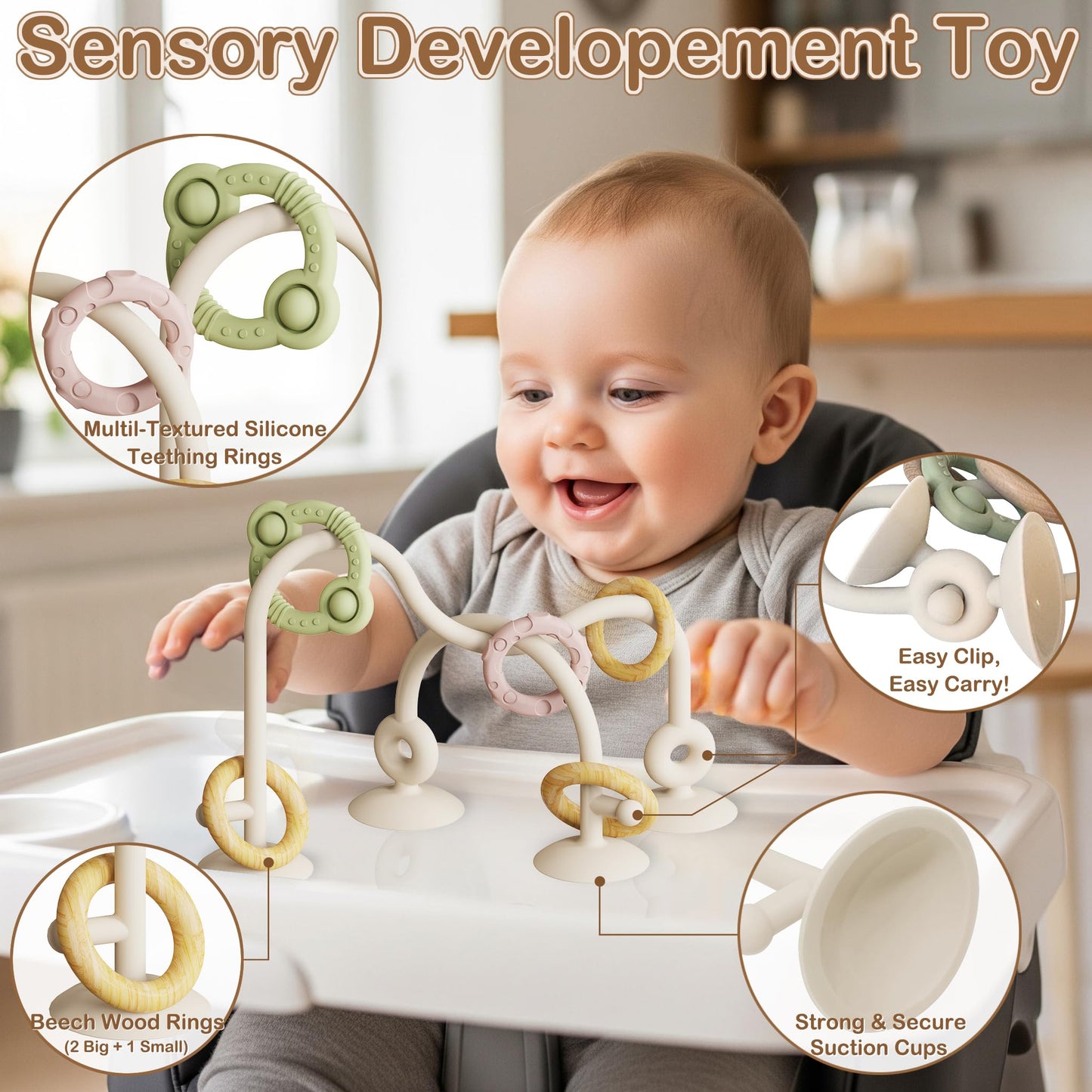 Baby Montessori Toy, High Chair Suction Cup Toy and Teething Toy Set - Table Toy & Pop-it Fidget Teether for 6+ Months 1 2 3 Years, BPA Free Silicone Sensory Toys for Baby and Toddler (Beige)