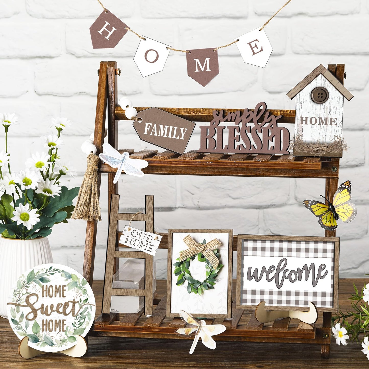 FairySandy Set of 11 Farmhouse Tiered Tray Decor Rustic Home Tiered Tray Decorations Set Wooden Signs Home This is Us Farmhouse Tabletop Wood Signs for Kitchen Table Shelf Decor