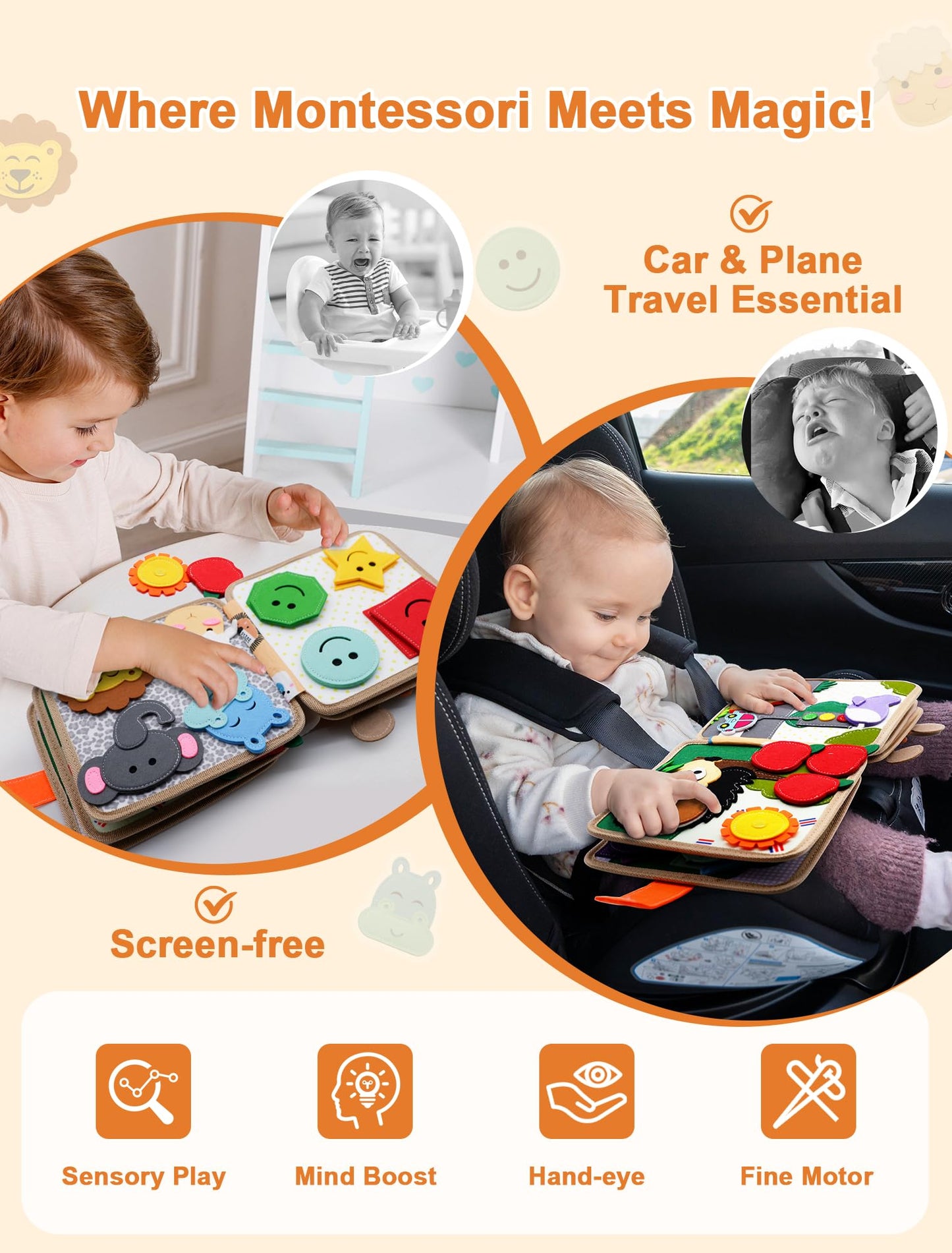 BizyKoady Busy Book for Toddlers 1-3, Montessori Toys for 1 Year Old, Kids Travel Toys, Educational Activity Book, Birthday Gifts for Boys & Girls, Washable Felt Busy Board, Giraffe