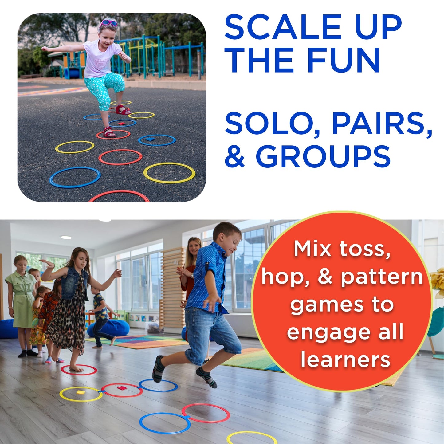 Covelico Hopscotch Rings, 12 x 11 Inch Rings & 3 Bean Bags, Play Hopscotch Outdoor & Indoor Obstacle Course for Kids 3-5, Recess Toys & Physical Education Equipment, Gross Motor Games PE Equipment