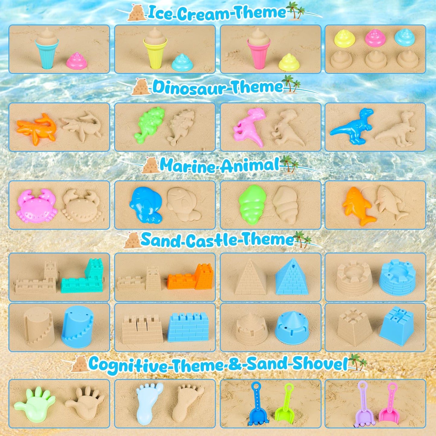REZUCREY Beach Toys for Kids Toddlers, Sand Castle Toys with 4 Sand Bucket and Shovels, Mesh Bag & Molds, Ice Cream Travel Sandbox for Beach Sandbox for Toddlers Kids Baby Boys Girls Age 3-10