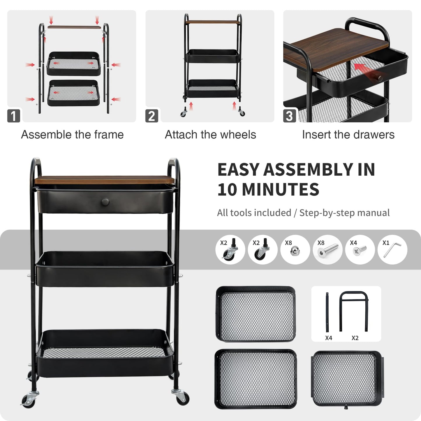 CAMOAT 3-Tier Rolling Storage Cart with Wooden Top and Drawer, Metal Mesh Mobile Utility Cart with Handle and Lockable Wheels, Multipurpose Organizer Trolley for Kitchen, Living Room, Bathroom,Office