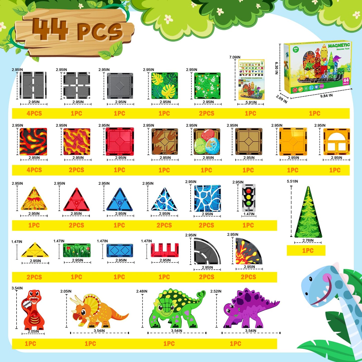 Magnetic Tiles with 4 Dinosaur Toys - Jurassic Scenes Dino World Magnet Tiles for Kids, Magnetic Building Blocks Set for Boys Girls Ages 3+, Sensory Toddler Creative Games Birthdays Gifts