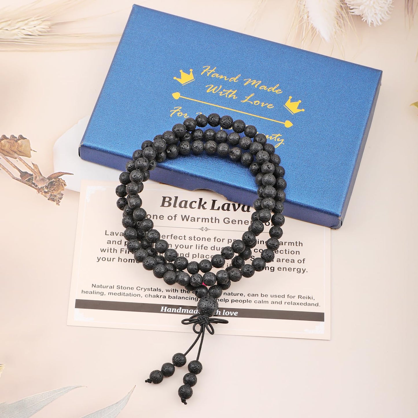 AD Beads 6mm 108 Prayer Mala Black Lava Elastic Bracelet - Warmth Generator - Handmade Yoga Meditation Healing Power Energy Gifts for Unisex Adult.