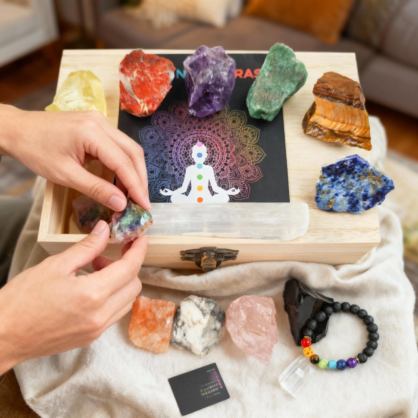Healing Crystals Set – 12 Raw Chakra Stones & Selenite Stick&Obsidian bracelet | Unpolished Natural Crystals for Energy Balance, Meditation, Yoga, Reiki | Includes Wooden Box, Spiritual Gifts