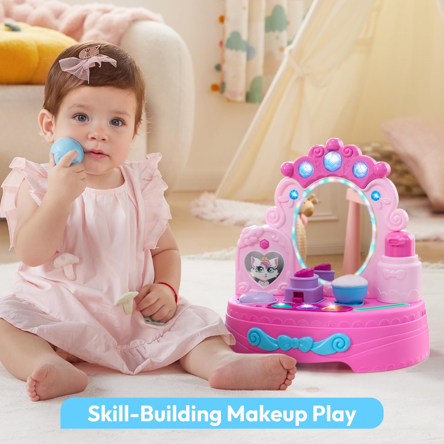 lalalark Toddler Vanity & Baby Vanity Mirror Toy, Interactive Pretend Vanity Set with 40+ Sounds and Music, Learn Musical Mirror Toy, Birthday Gift for 6 Months+ 1 2 3 Year Old Kids Girls