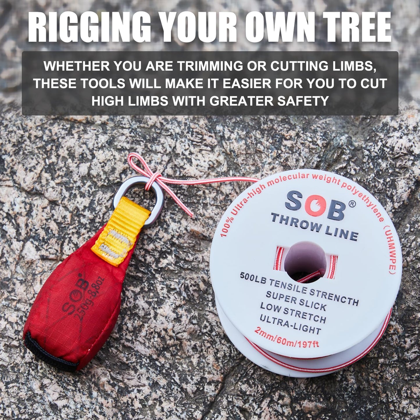 SOB Arborist Throw Line Kit with Slick Rope 197FT, Throw Weight, Reflective Storage Bag, Suit for Tree Cutting,Camping, Trimming, Hanging Swing (197FT Rope with 8.8Oz Throw Bag)