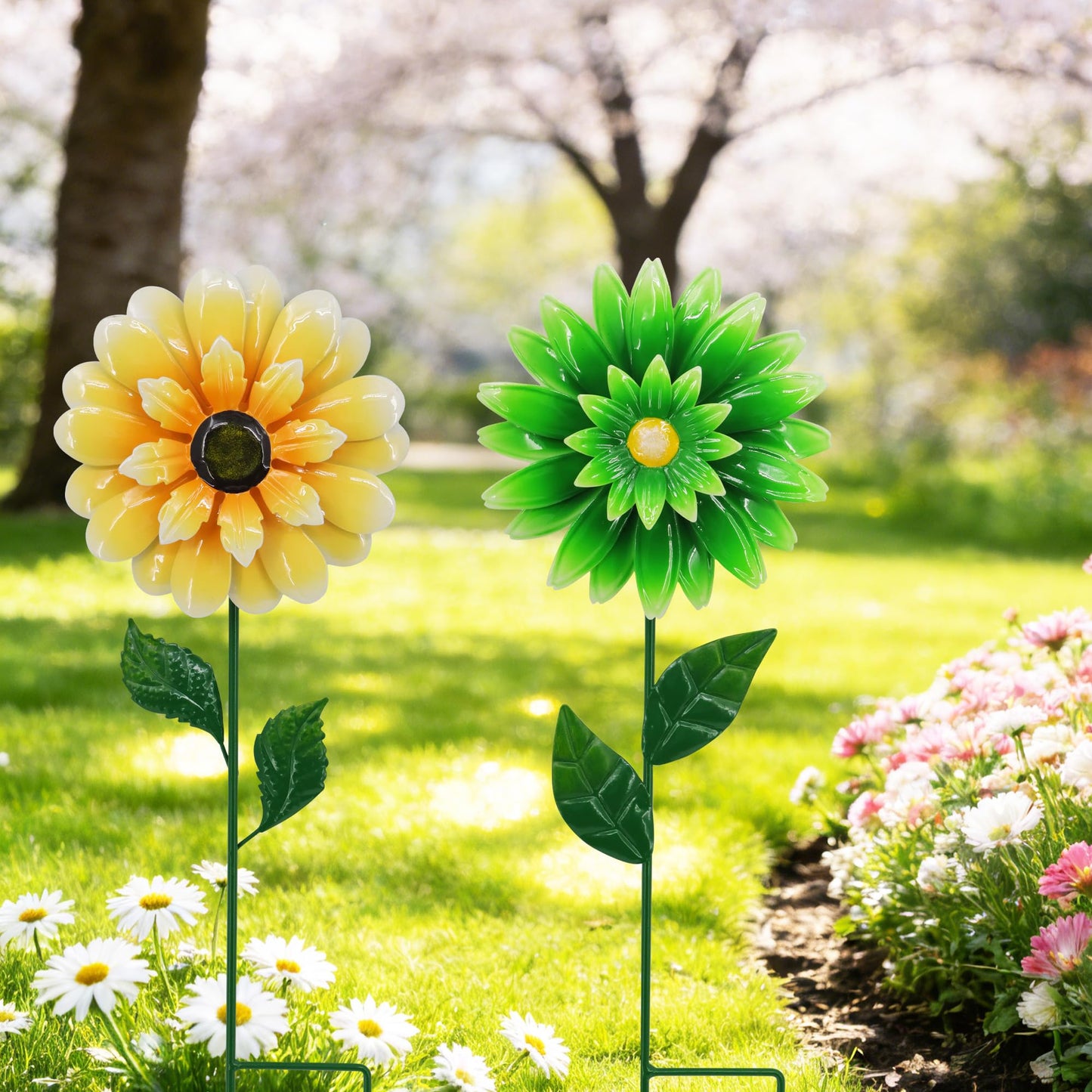 2 Pack Metal Flower Wind Spinners, Yellow Sunflower & Green Daisy Garden Stakes Yard Art, Decorative Floral Pinwheels Lawn Ornaments for Outdoor, Patio, Backyard and Flower Bed Spring Decor