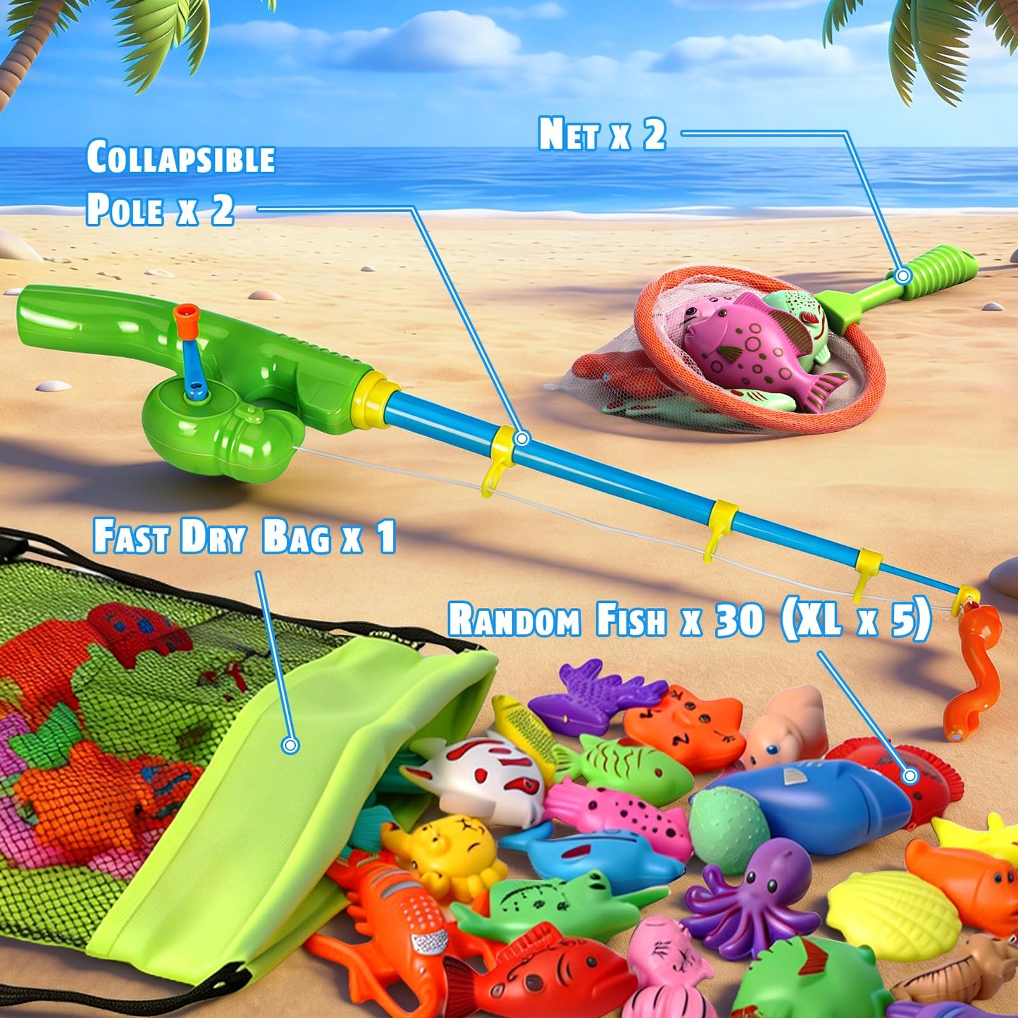 CozyBomB™ Magnetic Fishing Toys Game Set for Kids | Water Table Bathtub Kiddie Pool Party Pole Rod Net, Outdoor Plastic Floating Fish, Toddler Bath Color Ocean Sea Animals Birthday Gift Age 3-5 6 4-8