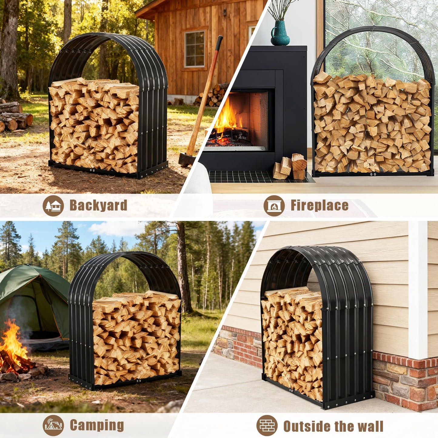 TBMLC Heavy-Duty Black Firewood Storage Shed – Metal Log Holder with 32" Round Roof – Outdoor Wood Rack for Patio, Deck & Fireplace – Weatherproof Lumber Stand for Firewood (2.7FT Diameter Roof)