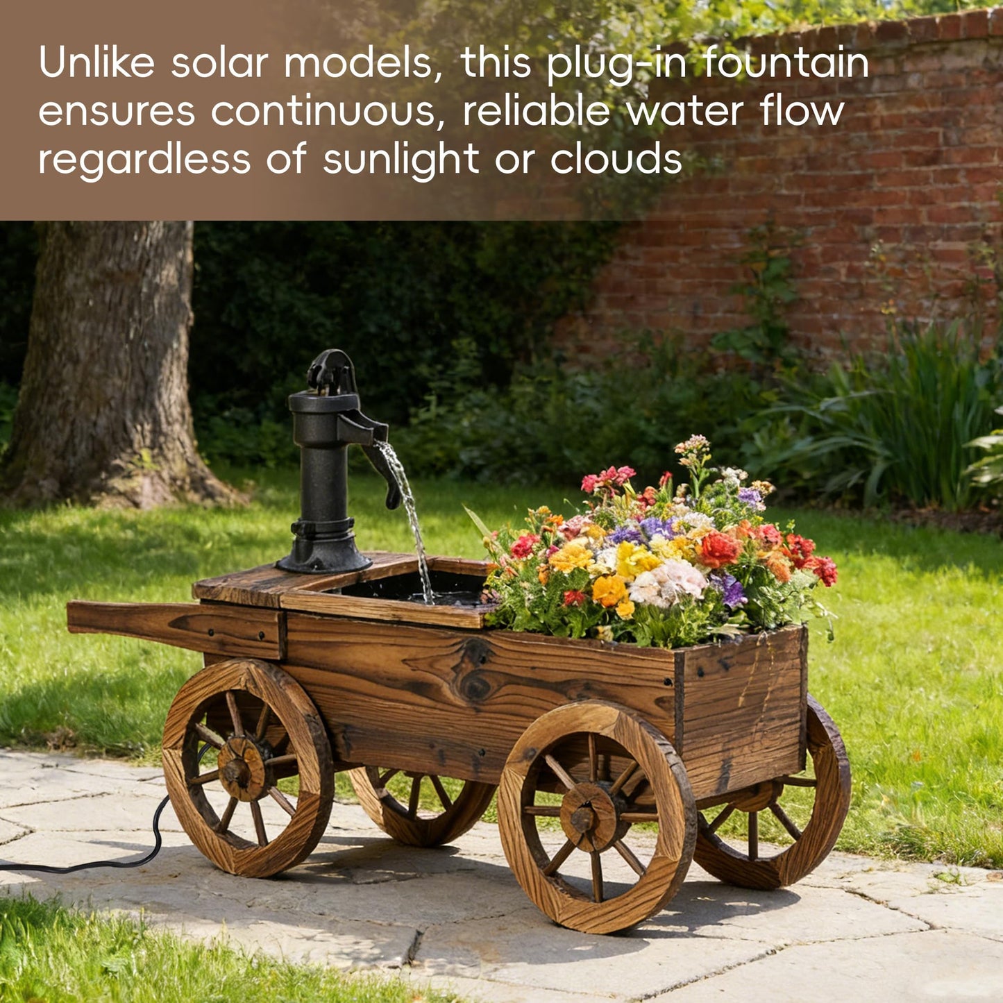 Outdoor Water Fountain, Wooden Wagon Garden Fountain with Planter Box, Rustic Cart Water Feature with Retro Hand Pump, Decorative Outdoor Flower Pot for Patio & Backyard, Plug-in Electric