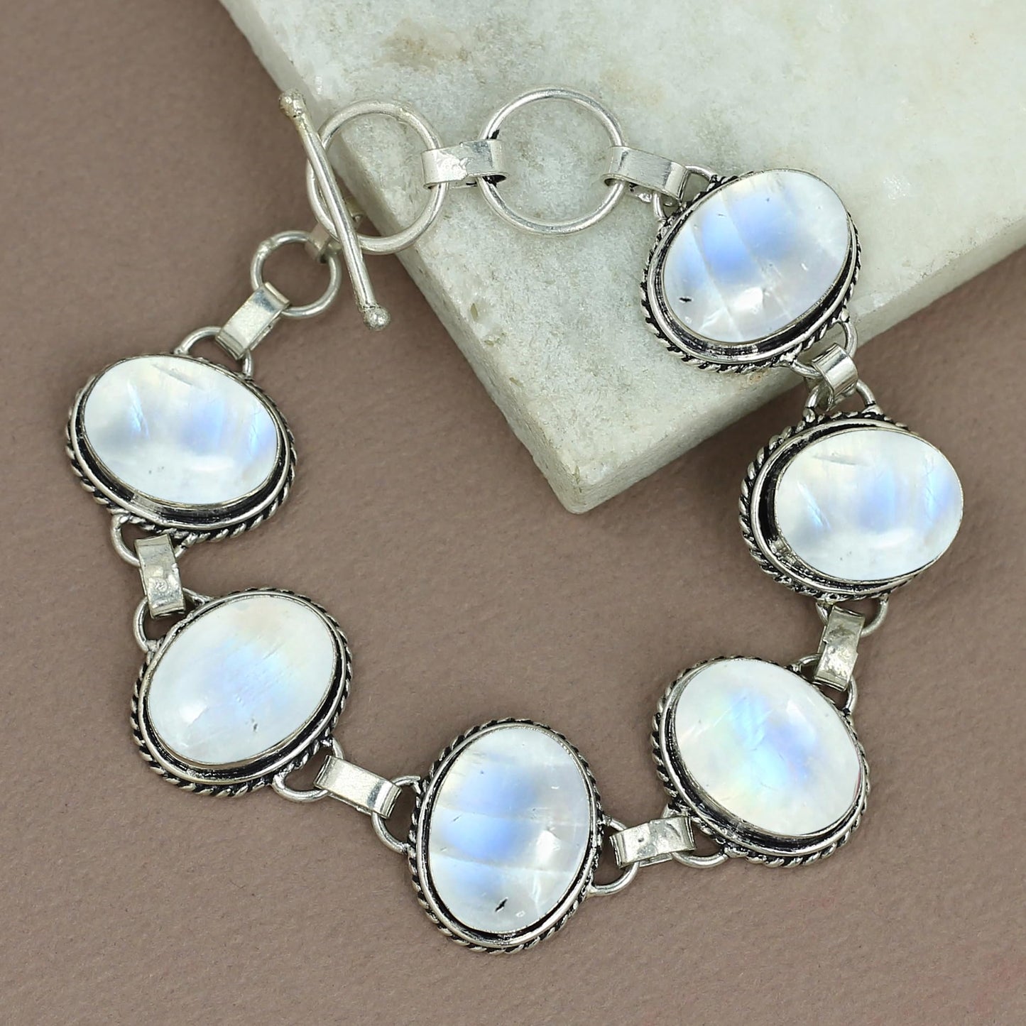 Natural Moonstone Silver Plated Handmade Link Bracelet for Women - White Stone Oval Shape Gemstones June Birthstone Adjustable Bracelet - Wedding Gifts for Her