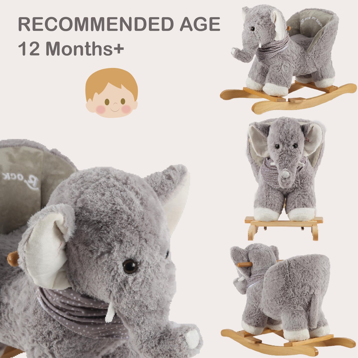 Baby Rocking Elephant, Plush Toddler Rocker with Music & Safety Seat, Sturdy Wooden Ride-On Toy for 1-3 Years, Soft Animal Rocking Horse, CPC Certified (Gray Elephant)