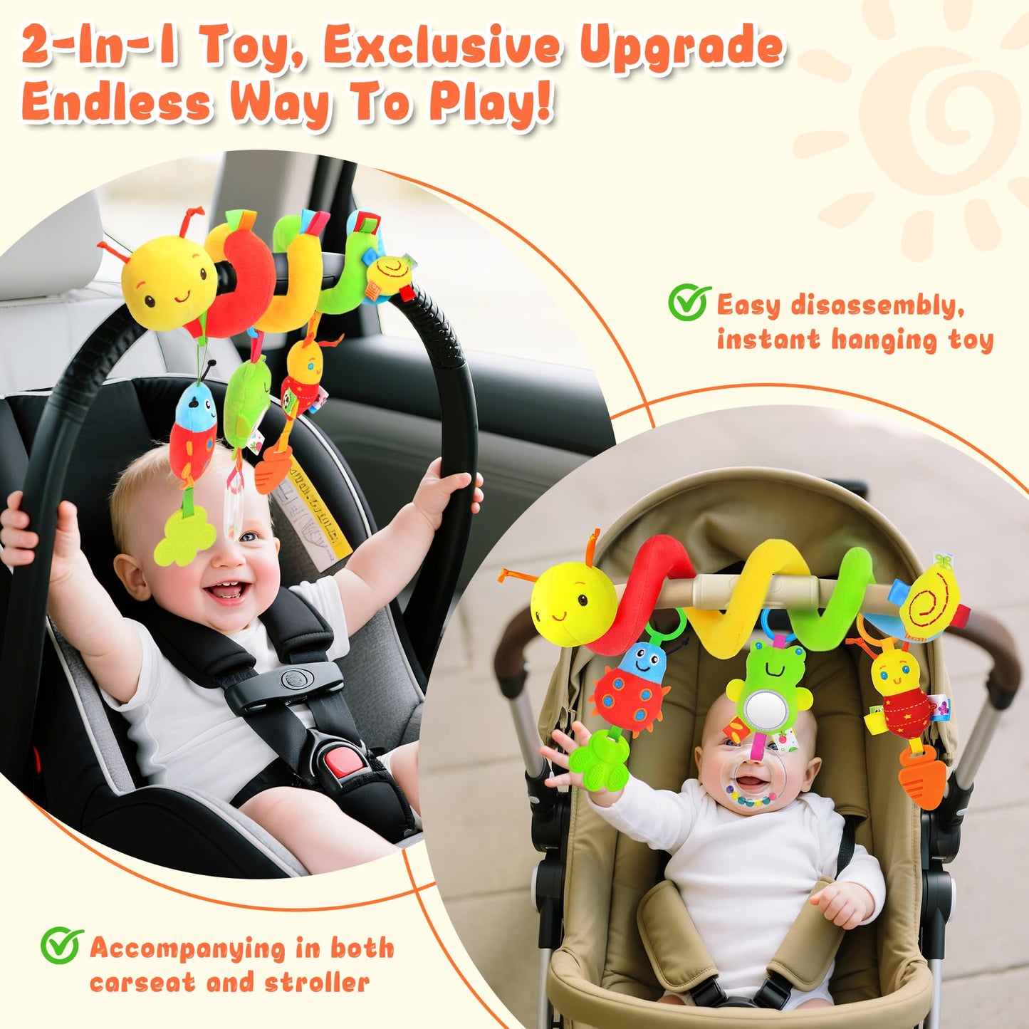 Zendstanding Spiral Car Seat Toys for Infants, 0-6 Months Carseat & Stroller Pram Separable Activity Hanging Toys with Rattle, Teethers, Newborn Soft Plush Travel Toy for Boys Girls Essentials Gifts