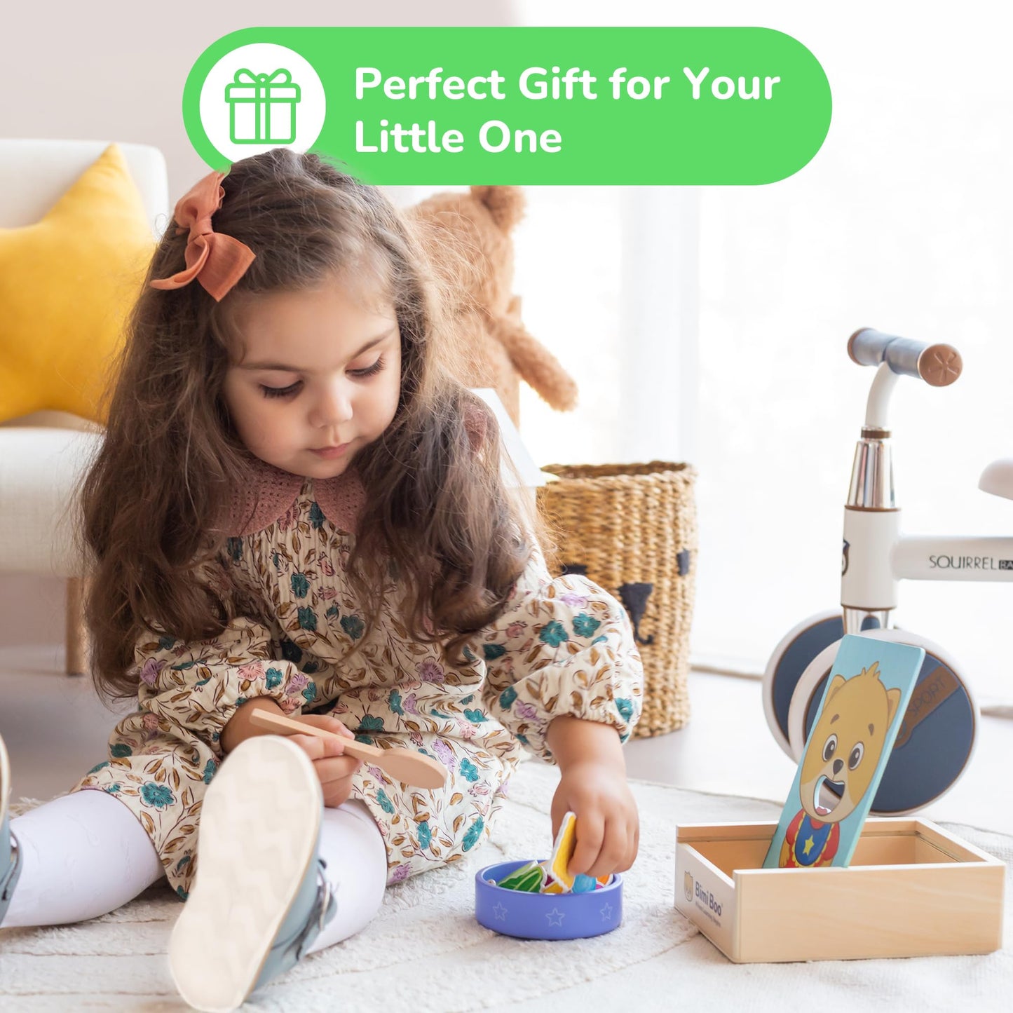 Bimi Boo Wooden Feeding Toy - Montessori Pretend Play Food Set for Toddlers 1-4+ - Fine Motor Skills Scooping Toy for Kids (27 Various Foods, a Spoon, Bowl)