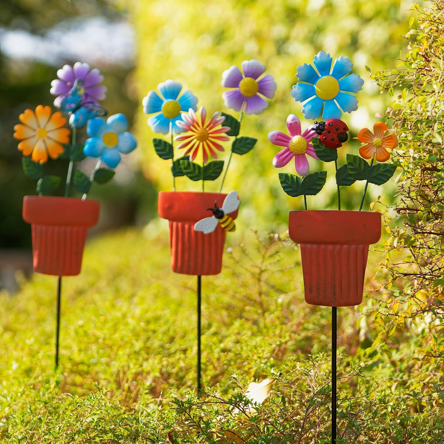 Qipade 3 Pcs Metal Flower Garden Stakes, 24" H Flower Pot Shape Decorative Garden Stakes, Metal Yard Art for Outdoor Spring Lawn Patio Pathway Decor
