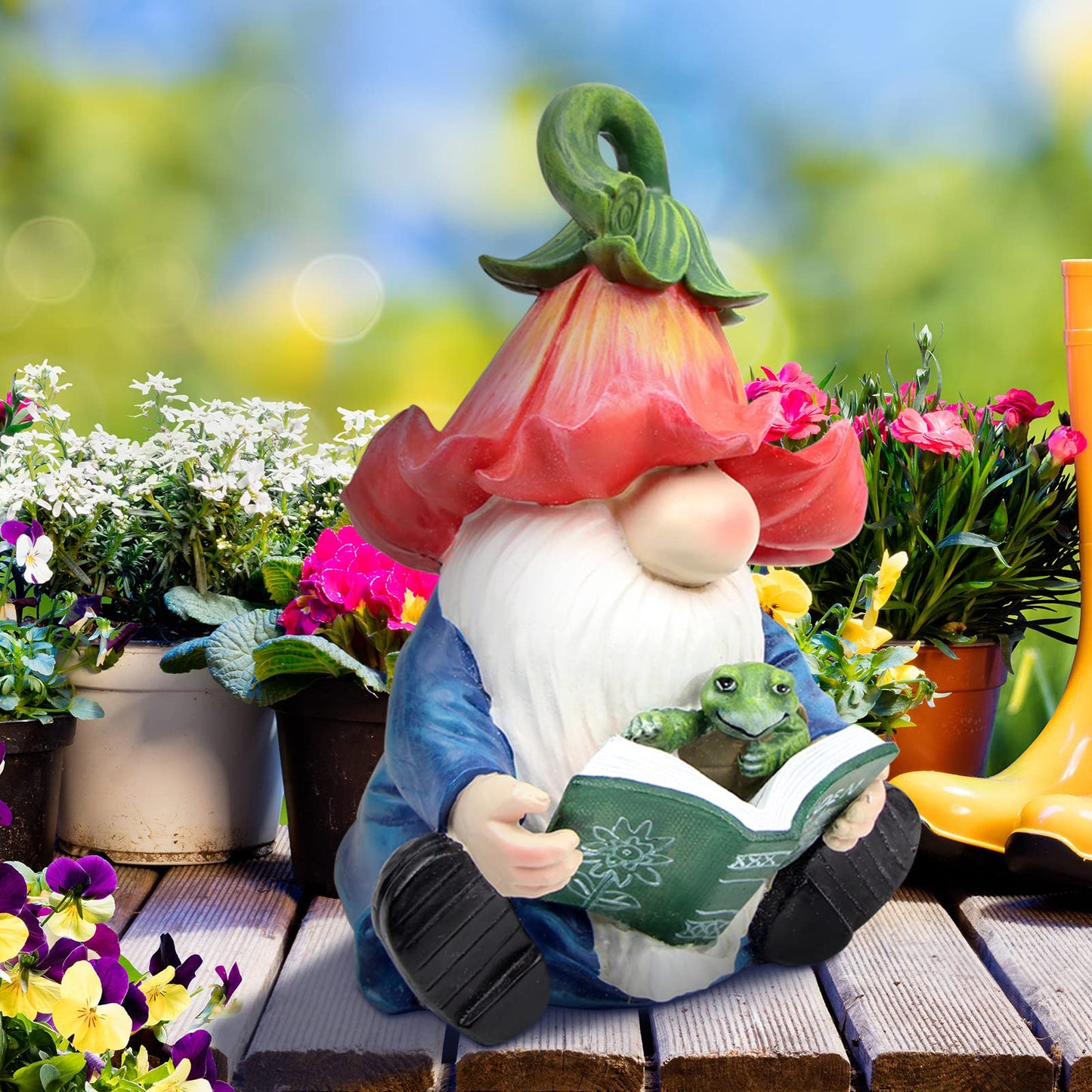 Sinhra Garden Gnome Statue-Resin Gnome Figurine Hugging Turtle Reading Book with Solar LED Lights,Outdoor Summer Decorations for Patio Yard Lawn Porch,Garden Ornament Gift