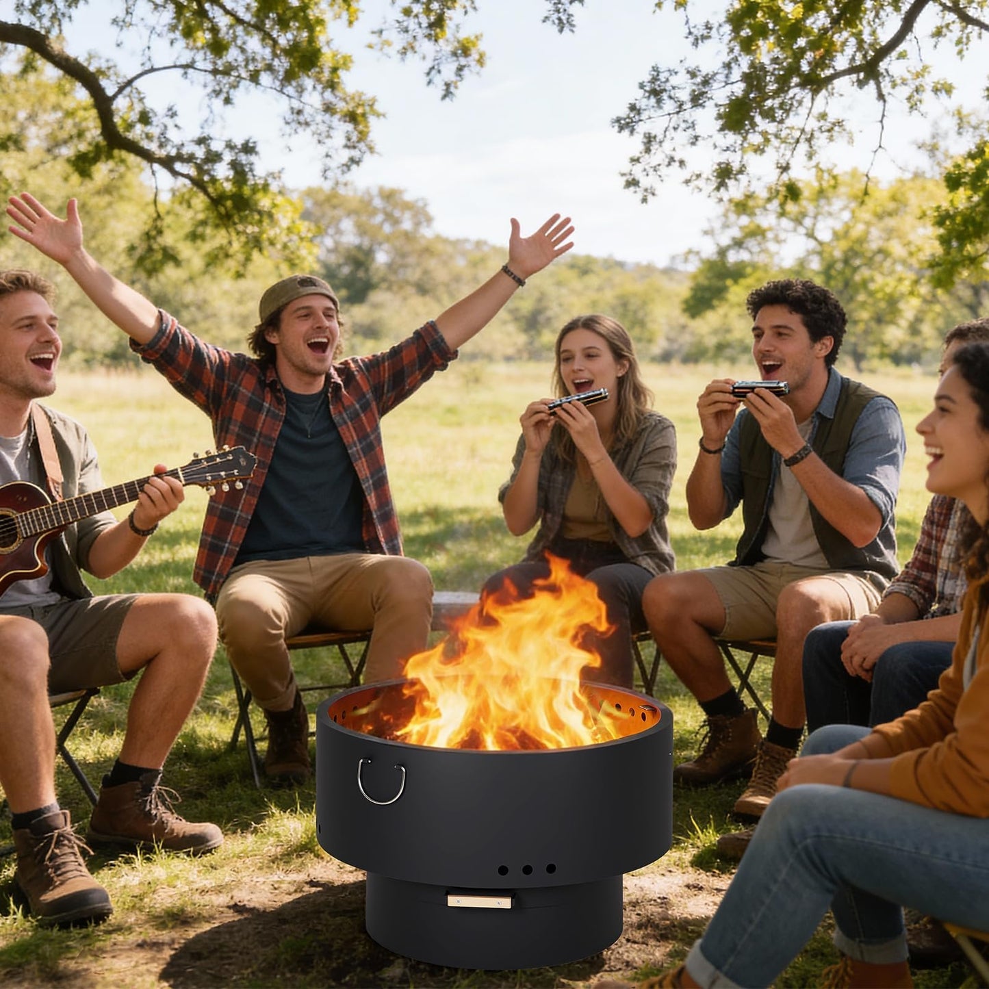 GarveeLife 30 Inch Smokeless Fire Pit, Outdoor Firepit Table with Removable Ash Pan, Bamboo Lid, Portable Carbon Steel Firepit for Outside, Backyard, Camping, Picnic, Black