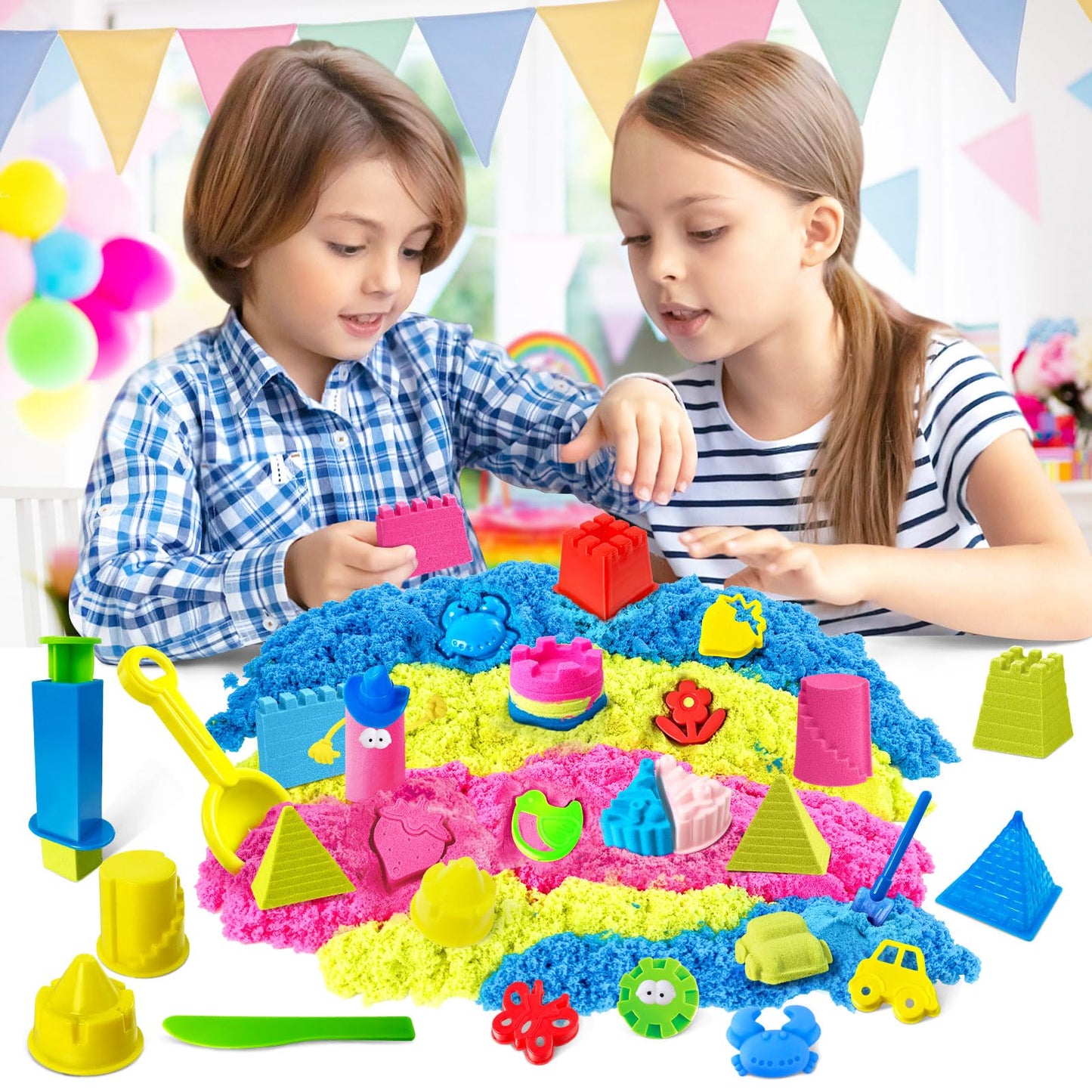 ESSENSON Sensory Bin - 52 PCS Play Sand Kit with 3lbs Magical Sand, Beach Toys Castle Molds Sand Molds, Sensory Toy Sandbox, Kids Gifts for Girls and Boys