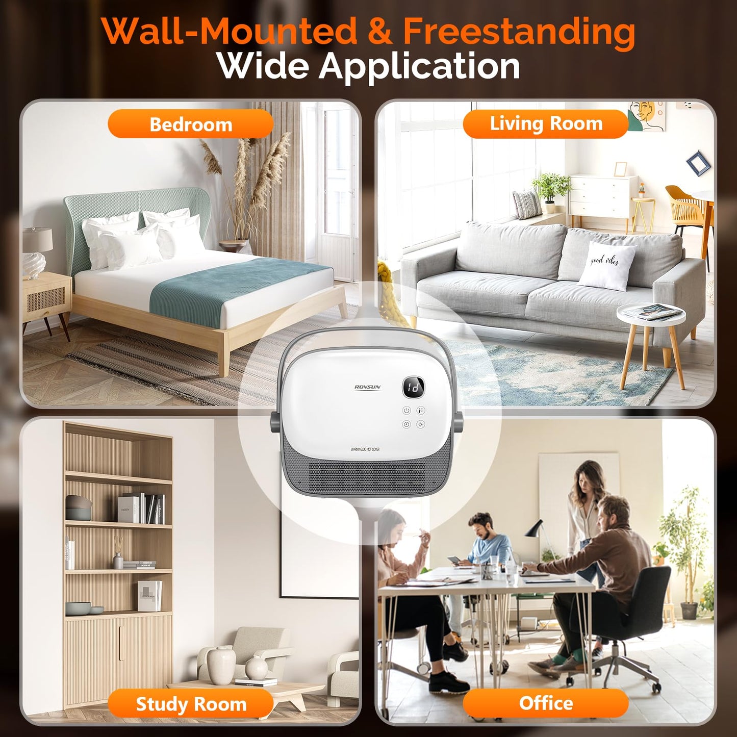 ROVSUN 1500W Wall Heater with Remote Control, Freestanding & Wall-Mounted Electric Space Heater with Portable Handle, 12H Timer, PTC Heating Elements, for Indoor Use, Bedroom, Office, Home, 1 Pack