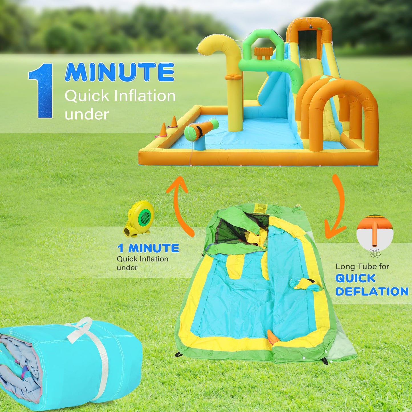 JOYMOR 10-in-1 Inflatable Water Slide Bounce House w/Water Bucket, Tunnel, Water Cannon, Basketball Hoop, 1min Blow Up Water Slide (Include Air Blower), Backyard Water Slide Park for Ages 3-10Y