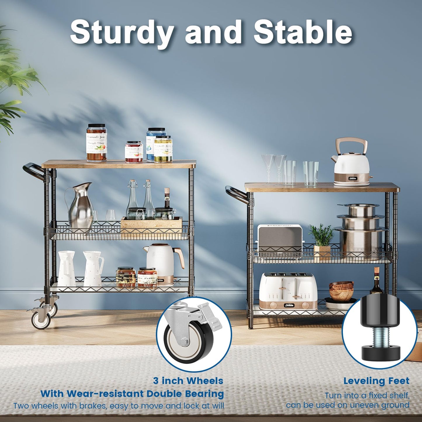 Leteuke Rolling Kitchen Carts with Wheels, 34" L x 17.5" W, 3-Tier Heavy Duty Utility Cart with Wood Tabletop, NSF Commercial Metal Serving Cart with Handle and Shelf Liner for Kitchen, Black
