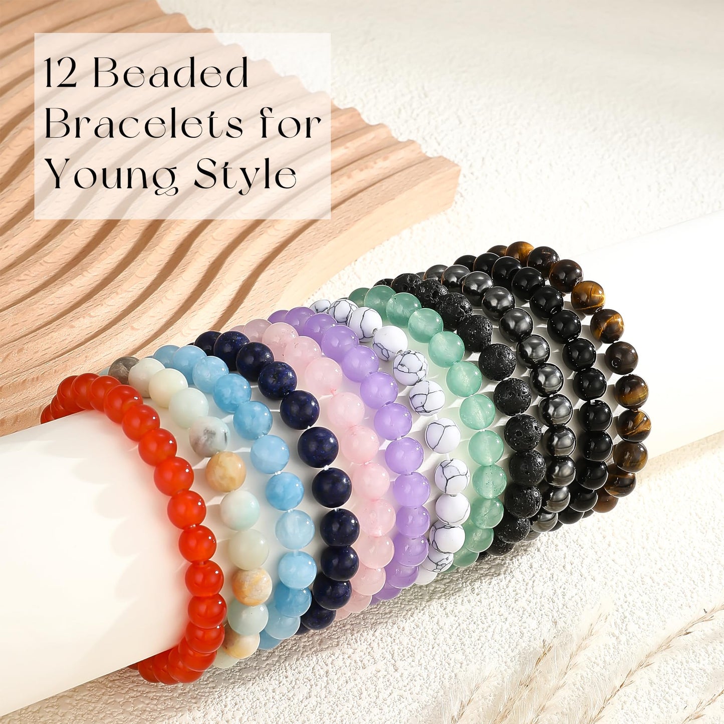 EIELO 12Pcs Crystal Stone Bracelets for Women Men Semi-Precious Gemstone 8MM Beaded Bracelets Natural Crystal Energy Stone Stretch Bracelet Set Jewelry Gift