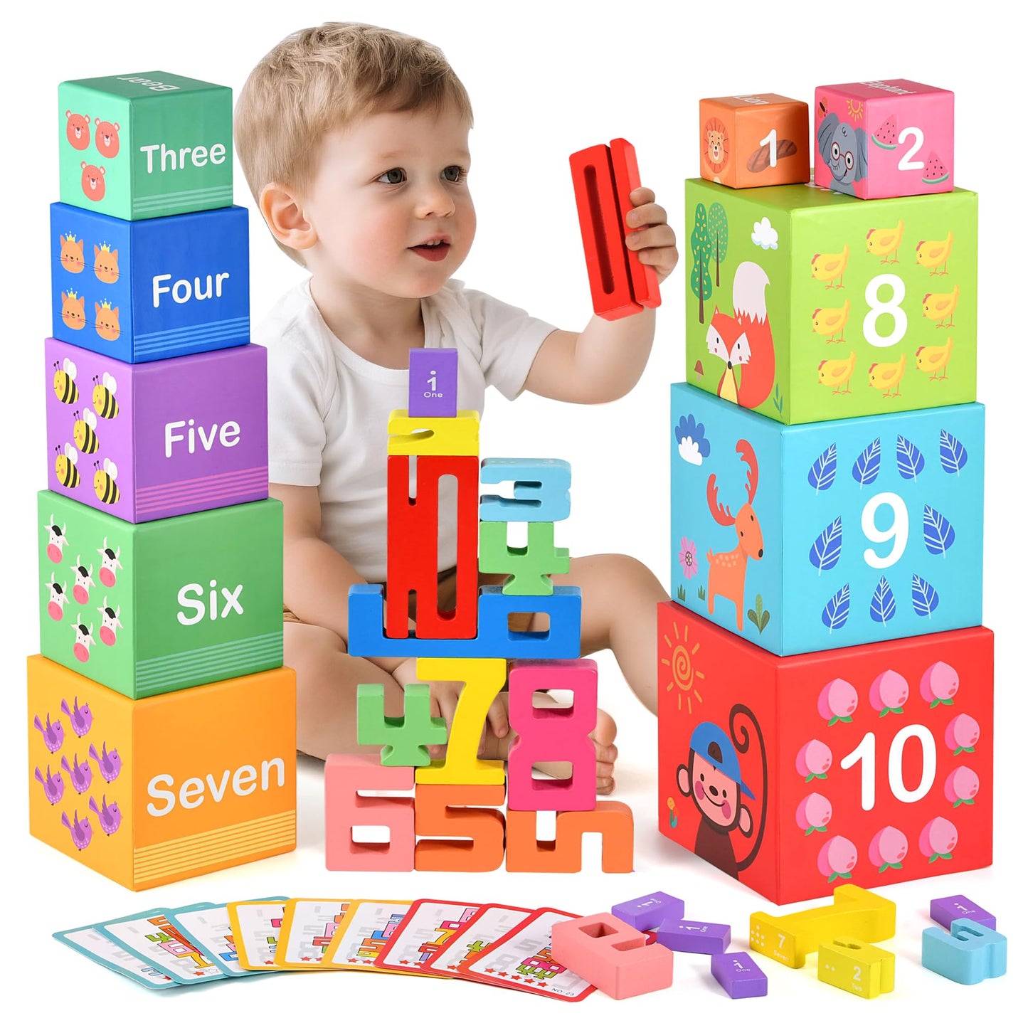 Wooden Number Building Blocks & Stacking Toys for Toddlers 3+ Years Old, Digital Building Blocks, 1-10 Digital Blocks Toys, Balance Competition Toy, Educational Gift for Kids Boys and Girls