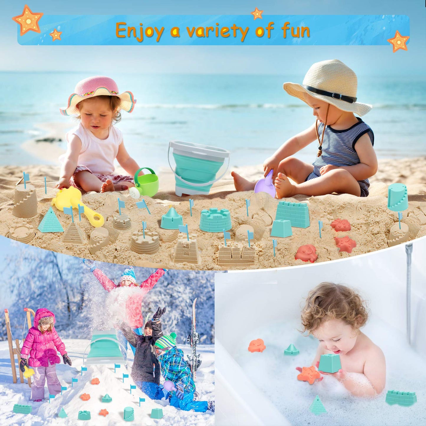 RACPNEL Beach Toys Sand Set for Kids, Collapsible Bucket and Shovels with Mesh Bag, Molds, Flags, Sandbox Kids Toddlers, Travel (Tavel Size)