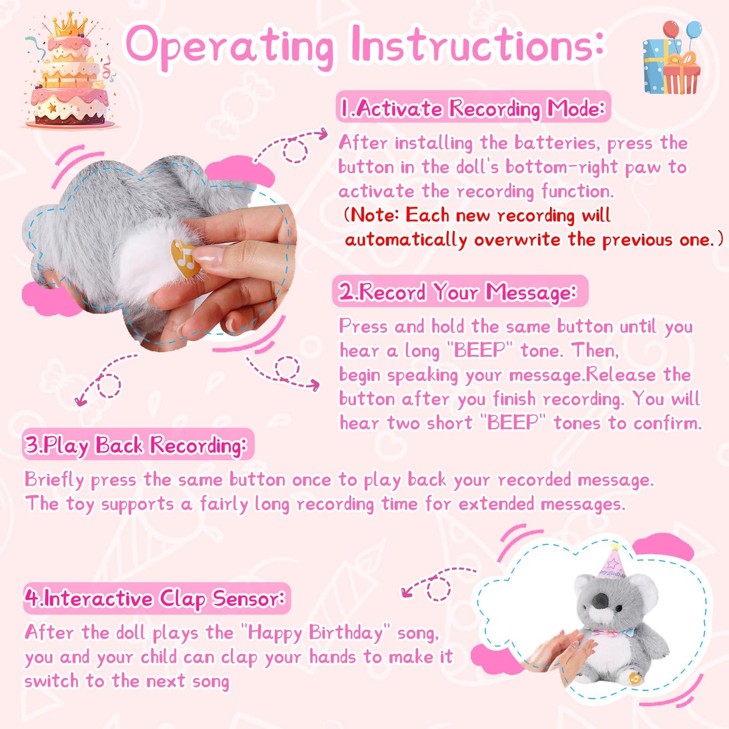 LLUKEME Birthday Koala Plush Baby Toys, Clap Activated with Voice Recording, Singing Dancing Interactive Stuffed Animal, Easter Gift for Toddlers, Birthday Party Decor