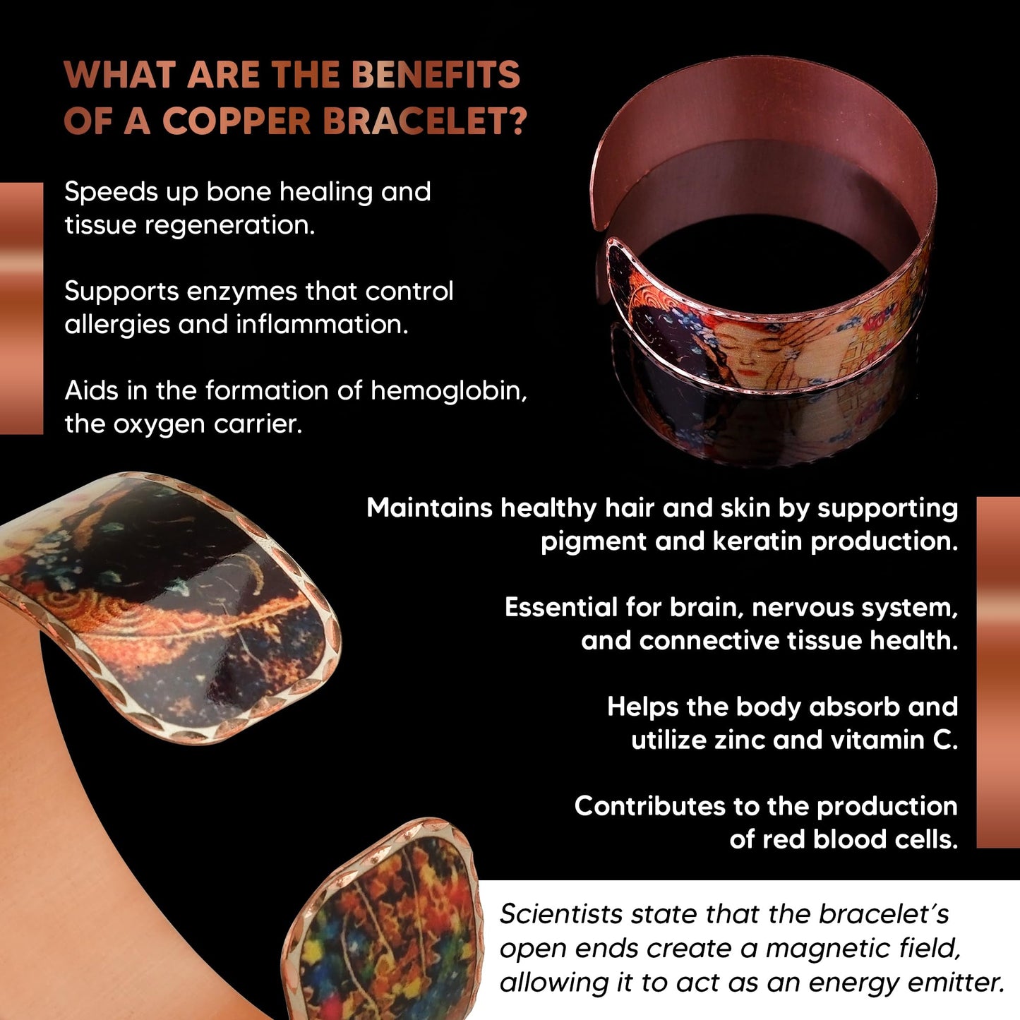 Moreni Copper Bracelet for Women – Handmade Engraved Cuff Inspired by “The Kiss” – Artistic Pure Copper Jewelry with Gift Wooden Box