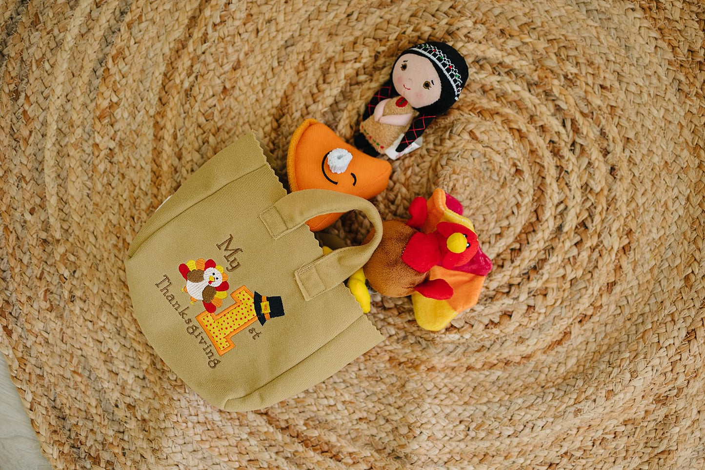 Genius Baby Toys My First Thanksgiving Toy with Plush Gobble Turkey, Teddy Bear, Little Pumpkin Pie, Indigenous Native American Girl - Cute Thanksgiving Toys for Babies Toddlers