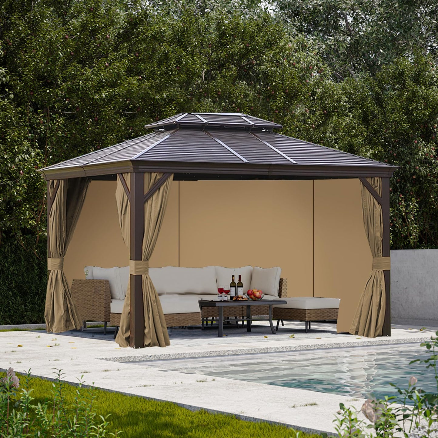 slashome 10'x12' Gazebo Curtains Outdoor Waterproof, Khaki Universal Replacement Curtain 4-Panels, Sidewalls with Zipper for Garden, Patio, Yard (Only Curtains)