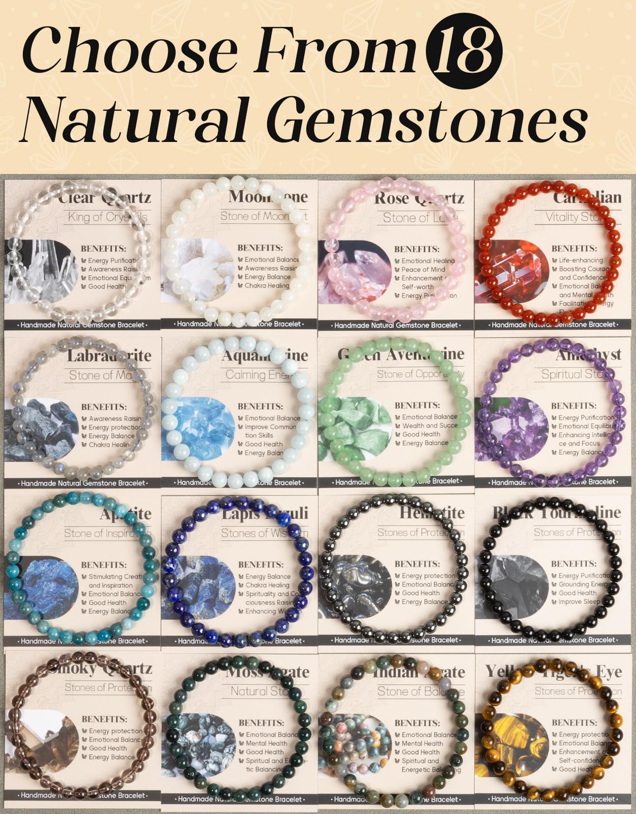 Landorilo Beaded Bracelet for Men Women, 6mm Natural Stone Rose Quartz Healing Crystal Stretch Bracelets, Ideal Christmas Birthday Jewelry Gifts with Energy Card,Replacement Beads Included