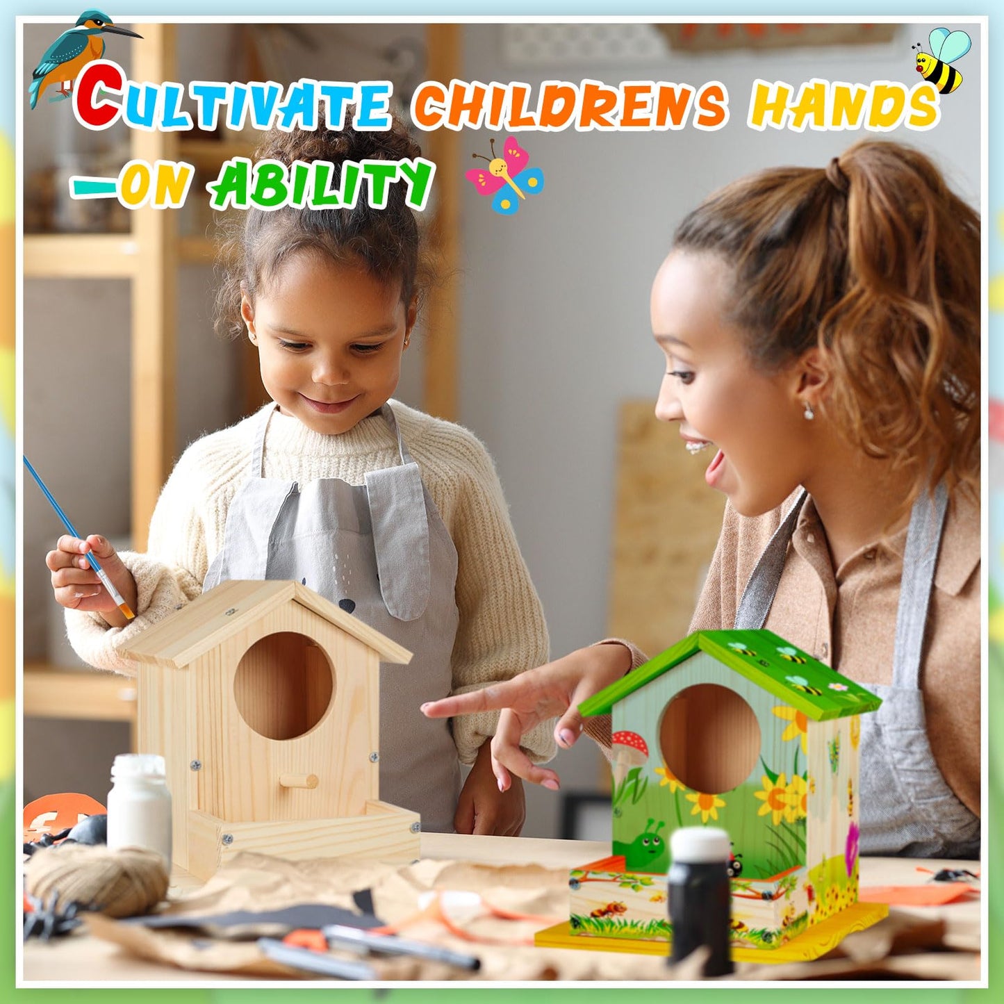Liliful 4 Pack DIY Wooden Birdhouse Kit, Crafts for Kids and Adults, Bird House with Paint and Paintbrushes Painting Kits for Boys and Girls, Spring Birthday Classroom Gifts for Ages 4-8