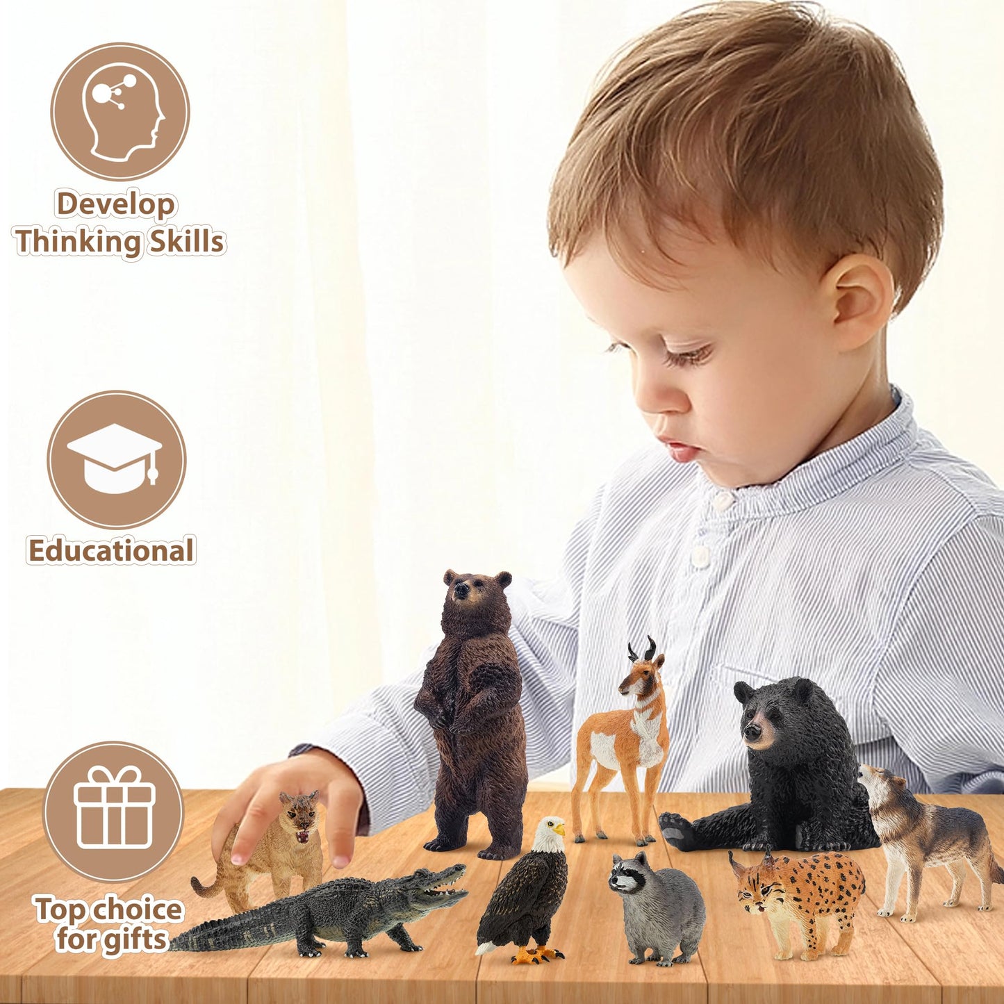 Toymany 12PCS North American Forest Animal Figurines, Realistic Jungle Zoo Animal Set Includes Moose,Cougar,Wolf,Bear,Eagle,Deer Educational Toy Cake Toppers Christmas Birthday Gift for Toddlers