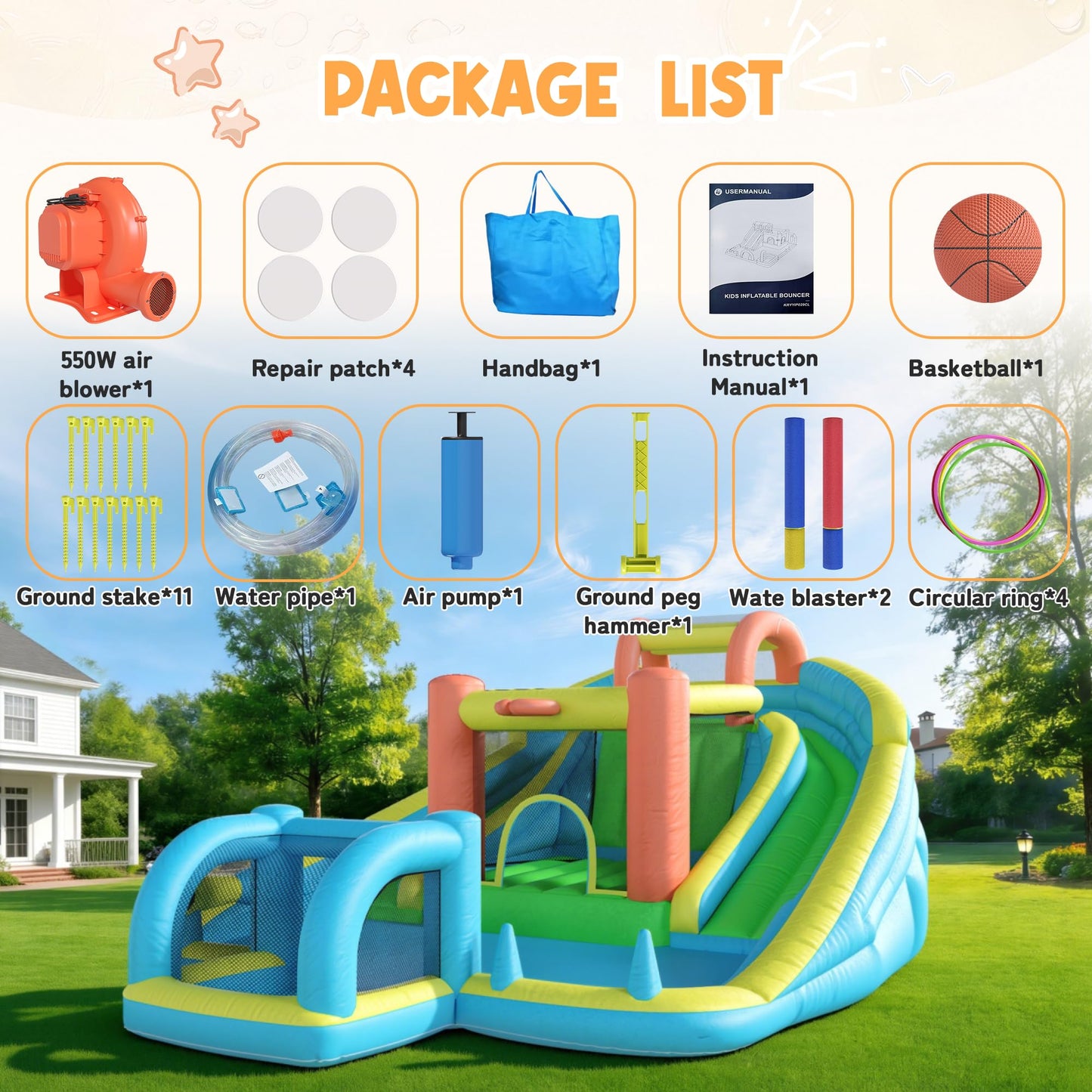 HOMMOW Inflatable Bounce House with Double Slide, Bouncy Castle for Kids 3-12 with Blower, Water Cannon, Football Net, Jumping, Climbing Wall, Basketball Hoop, Backyard Water Park for Kids