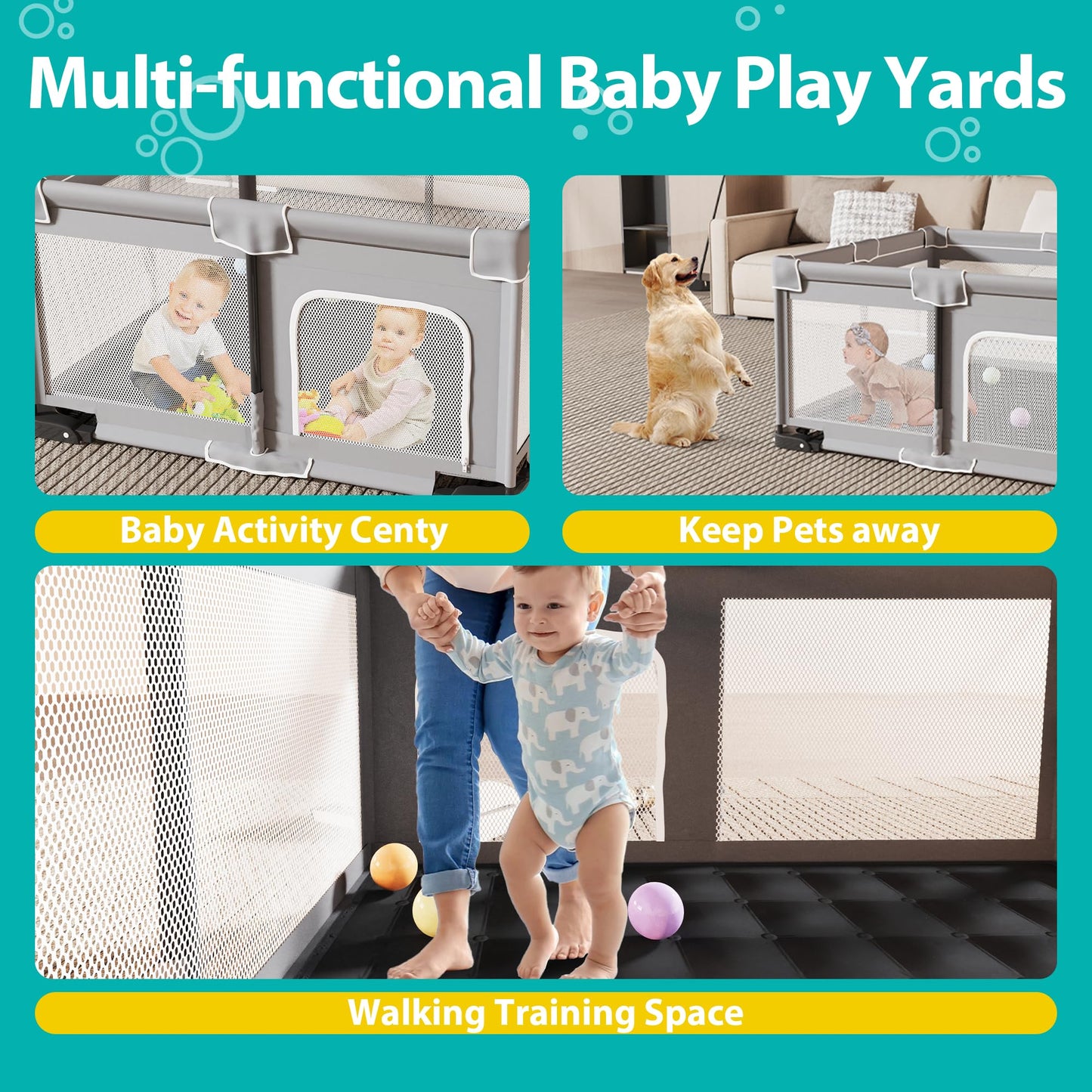 ICAREWAY Foldable Playpen for Babies and Toddlers, 50x50 Inches Portable Playpen, Kids Collapsible Play Pen with 2 Handlers, Indoor & Outdoor Baby Fence Play Area with Visible Mesh, Light Gray