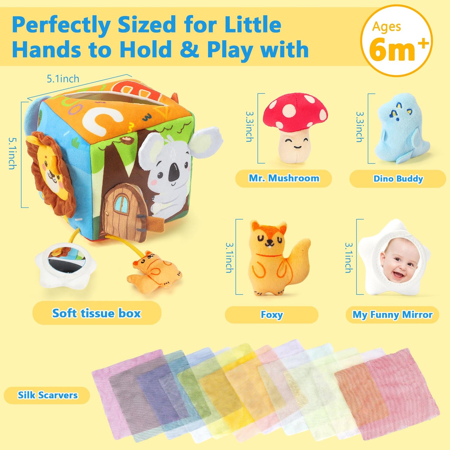 URMYWO Baby Tissue Box Toy, Montessori Sensory Toys 6-12 Months with Crinkle Paper & Scarves, Fine Motor Skills, Valentine's Day Easter Basket Stuffers, Gifts for Infants 6 9 12 18 Months Old