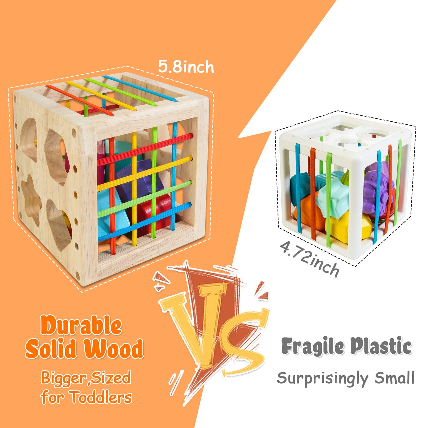 HELLOWOOD Montessori Toys for 1+ Year Old, Wooden Sorter Cube with 8pcs Rattling Shapes, Developmental Learning Toy Gifts for Baby Toddler Boys Girls, Gift Packaging