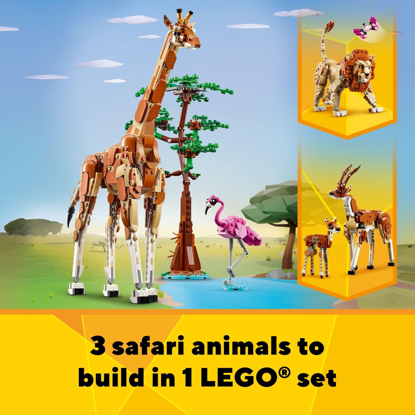 LEGO Creator 3 in 1 Wild Safari Animals, Rebuilds into 3 Different Safari Animal Figures - Giraffe, Gazelle or Lion Toy, Nature Toy, Building Set for Kids Ages 9 Years Old and Up, 31150
