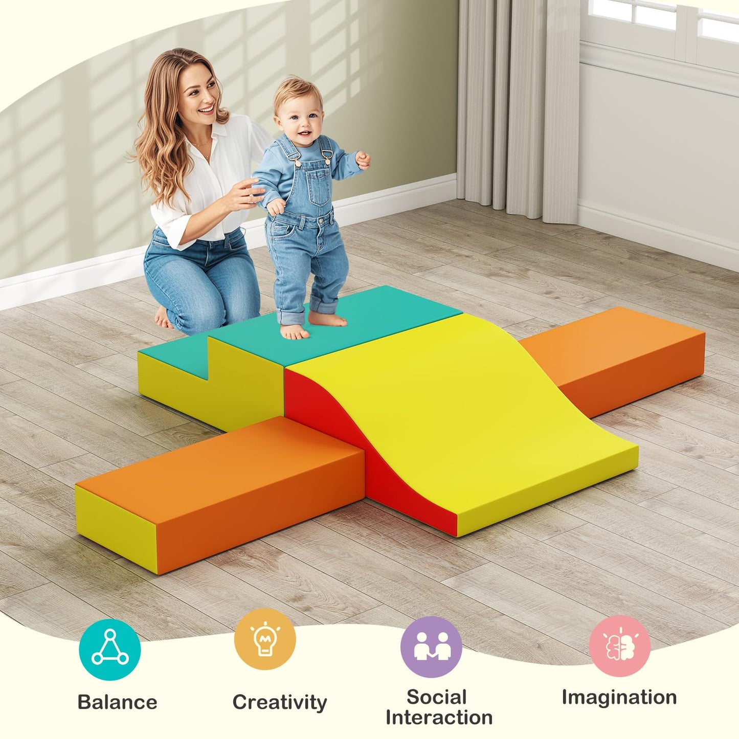 Olakids Toddler Climbing Toys Indoor, 10 Pieces Baby Foam Blocks Soft Play Set with PU Leather, Kids Climb Crawling Activity Gym Playground for 1+ Years (Red)